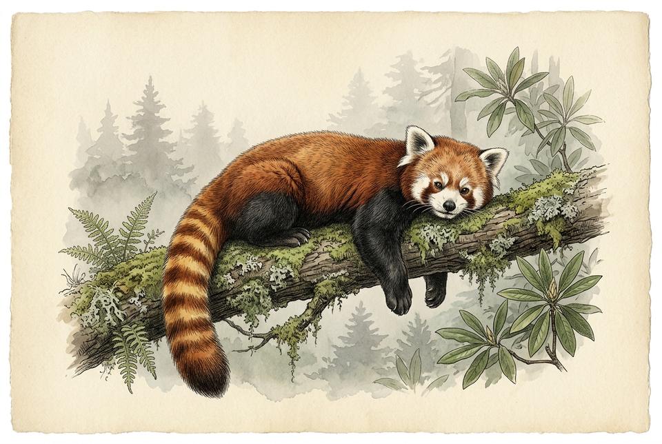 Crvena panda (Ailurus fulgens) u krošnji planinske šume