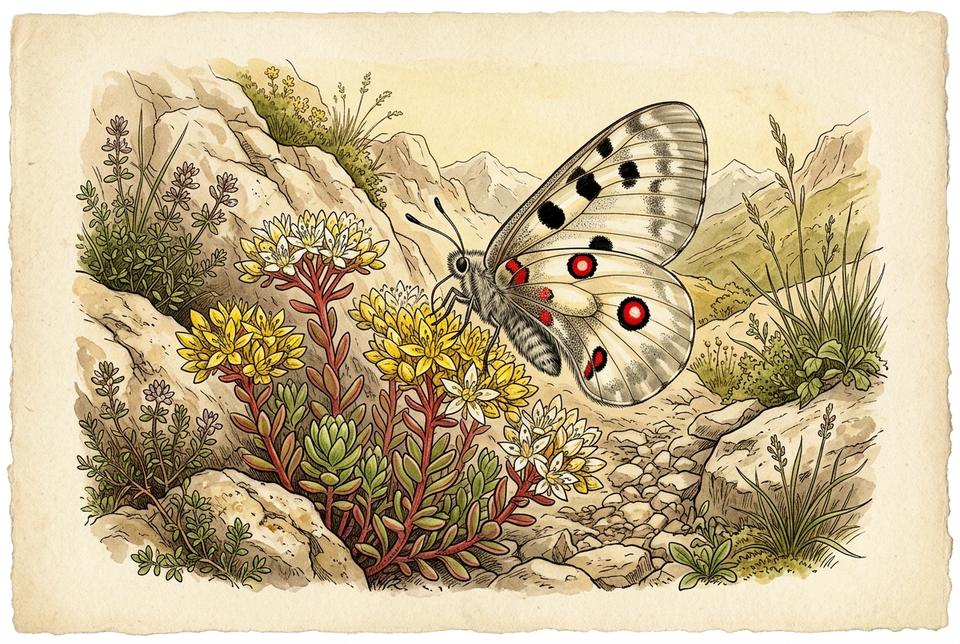 Planinski apolonov leptir (Parnassius apollo) na cvetu žednjaka