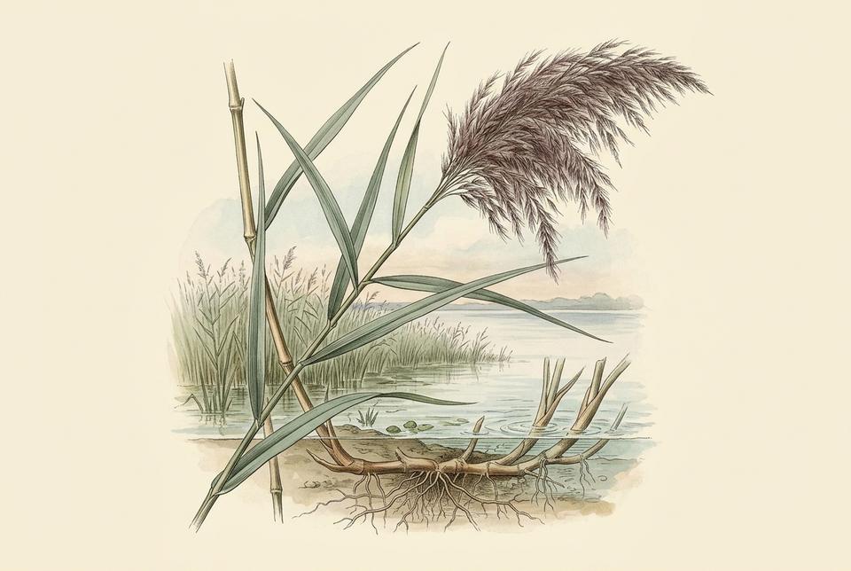 Barska trska (Phragmites australis) sa metlicama uz obalu vode