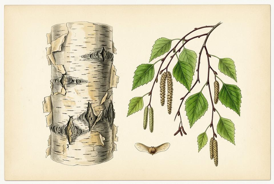 Obična breza (Betula pendula) sa belom korom, listovima i resama