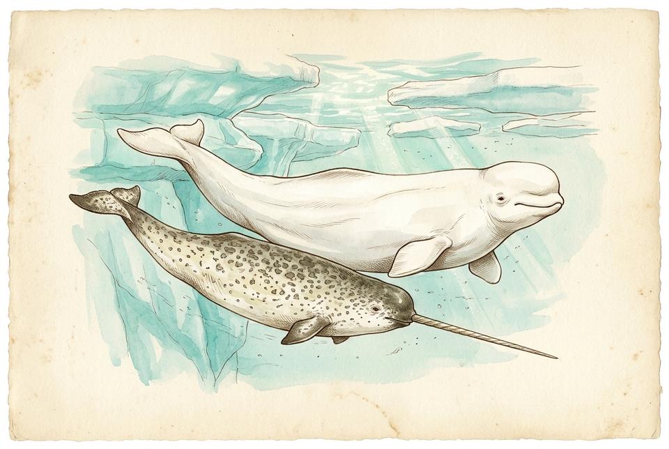Beli kit beluga (Delphinapterus leucas) i narval u arktičkom moru