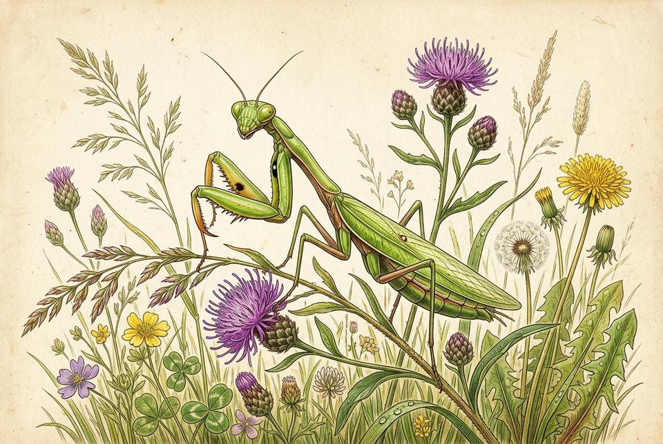Bogomoljka (Mantis religiosa) u lovu na livadskom bilju