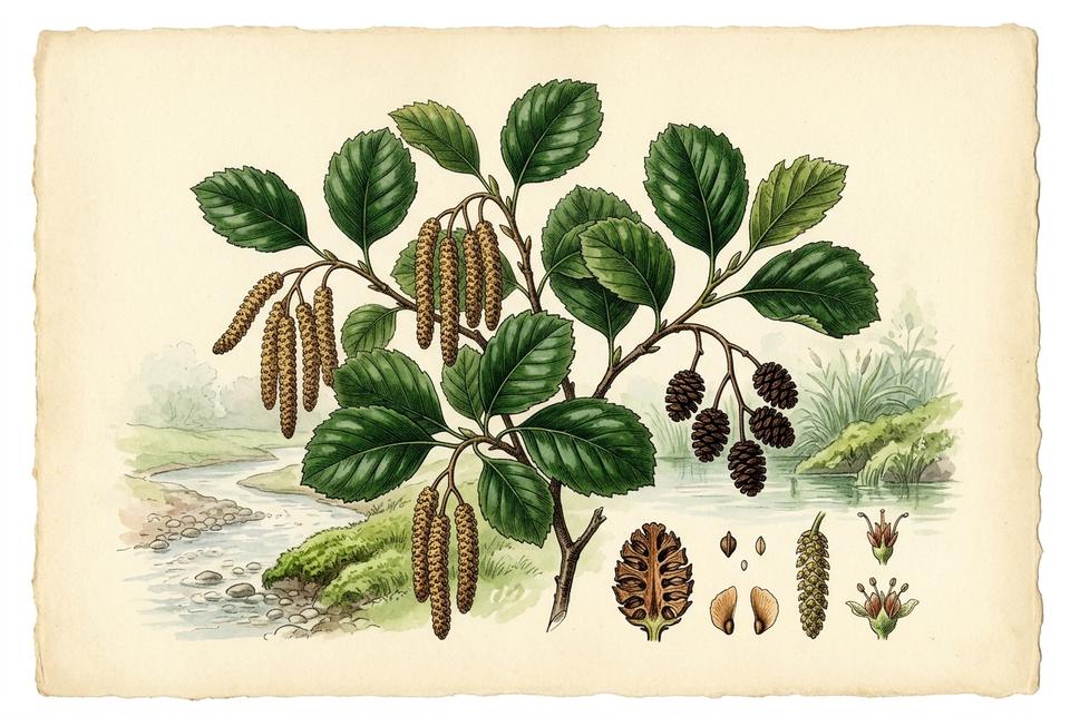 Crna jova (Alnus glutinosa) sa drvenastim šišaricama i listovima uz reku
