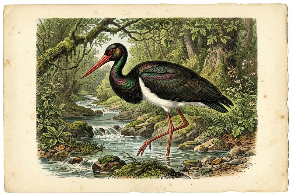 Crna roda (Ciconia nigra) u bistrom šumskom potoku