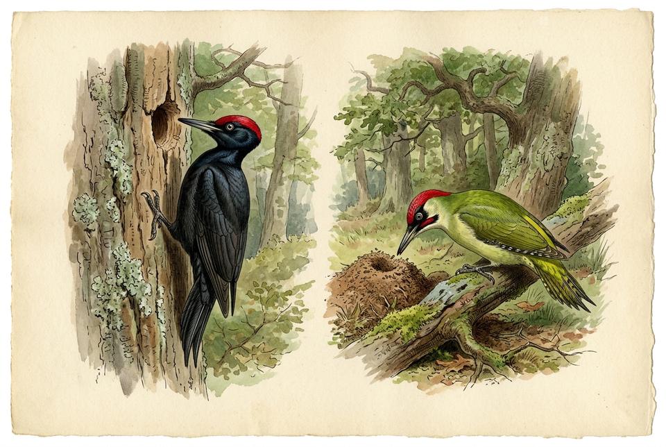 Crna žuna (Dryocopus martius) i zelena žuna (Picus viridis)