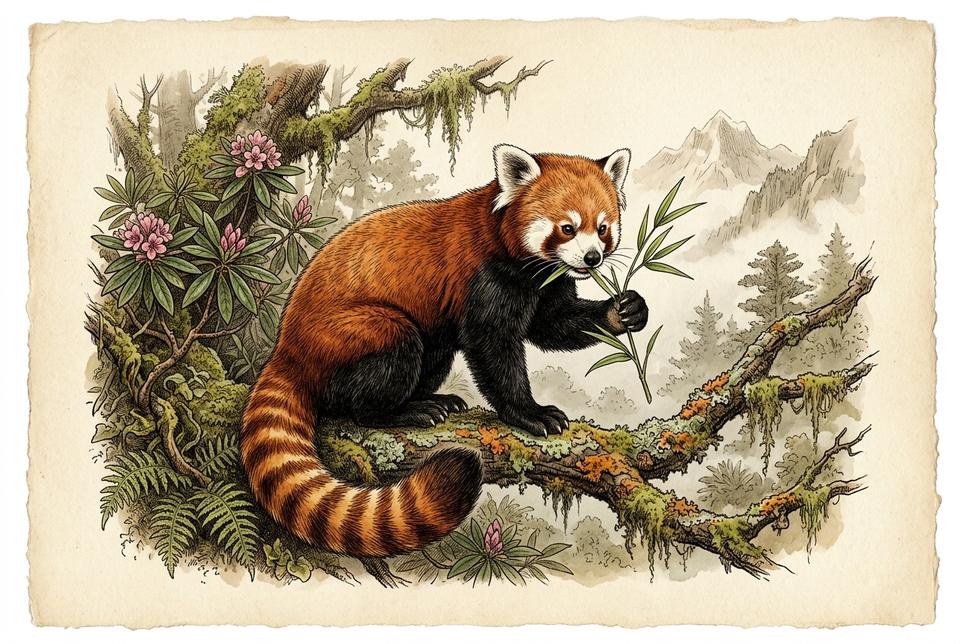 Porodica malih pandi (Ailuridae) na grani sa bambusom