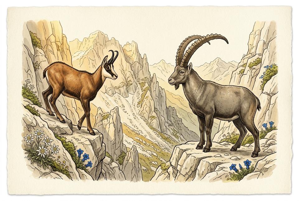Balkanska divokoza (Rupicapra rupicapra) i kozorog na planinskom grebenu