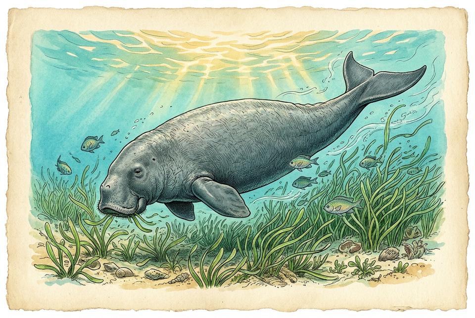 Dugong (Dugong dugon) iznad livade morske trave