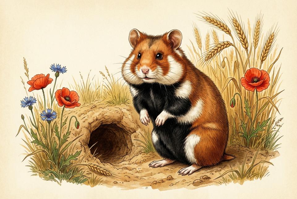 Evropski hrčak (Cricetus cricetus) pored ulaza u podzemnu jazbinu