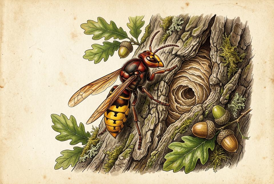 Evropski stršljen (Vespa crabro) pored papirnatog gnezda u duplji hrasta