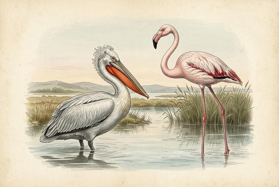 Ružičasti i kudravi pelikan (Pelecanus) u laguni