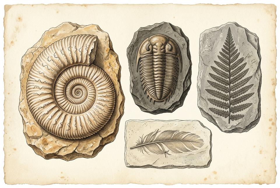 Fosili amonita, trilobita i otisak paprati u krečnjaku