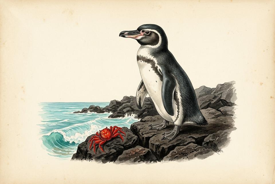 Galapagoski pingvin (Spheniscus mendiculus) na vulkanskoj obali