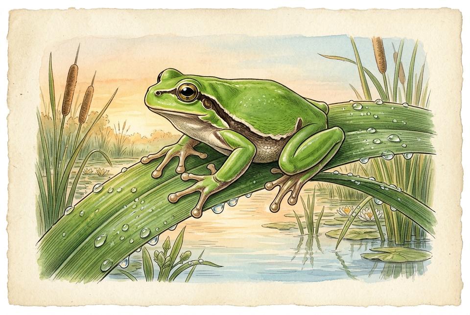 Evropska gatalinka (Hyla arborea) na listu trske iznad vode