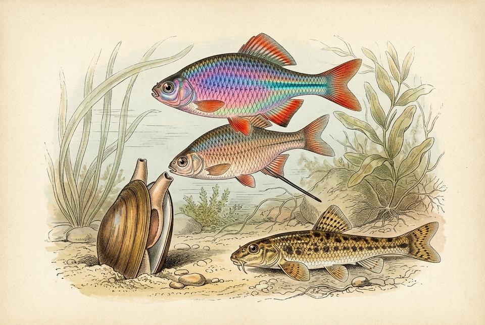 Gavčica (Rhodeus amarus) pored rečne školjke i potočna krkuša