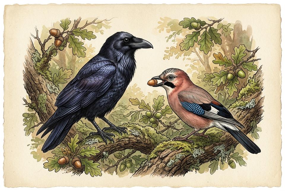 Obični gavran (Corvus corax) i sojka (Garrulus glandarius)
