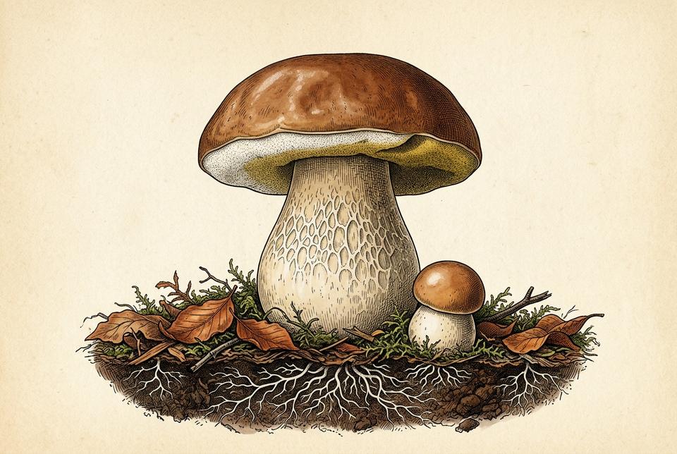 Plodno telo vrganja (Boletus edulis) i mreža micelijuma u humusu