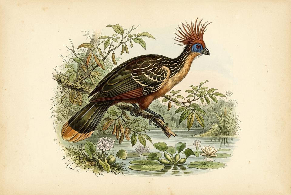 Hoacin (Opisthocomus hoazin) u krošnjama iznad amazonske reke