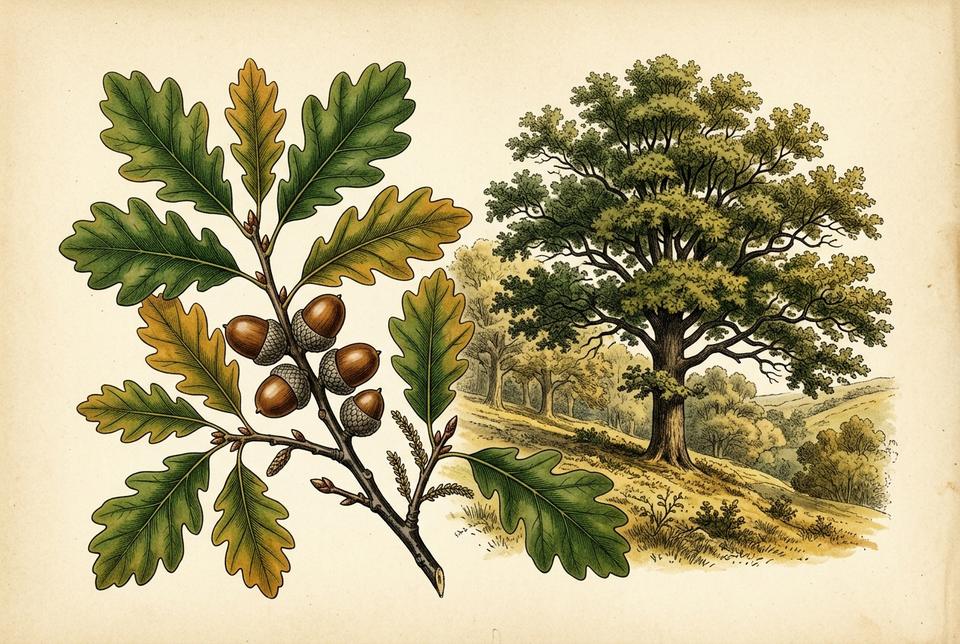 Hrast kitnjak (Quercus petraea) sa listom na peteljci i sedećim žirovima