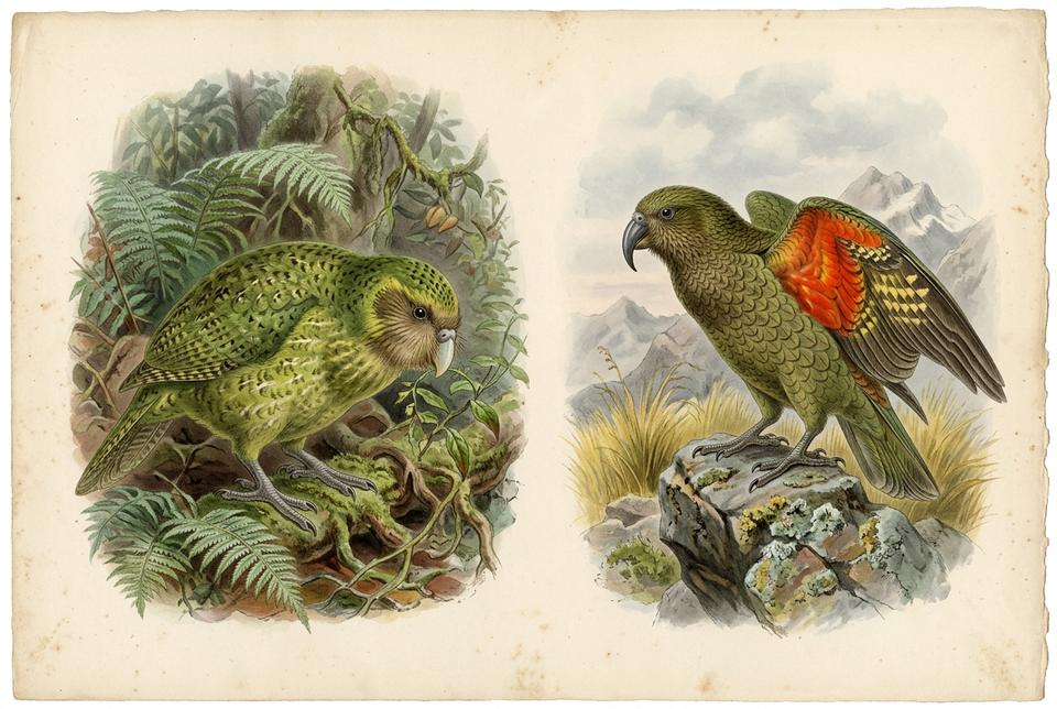 Kea (Nestor notabilis) u planinskom predelu Novog Zelanda