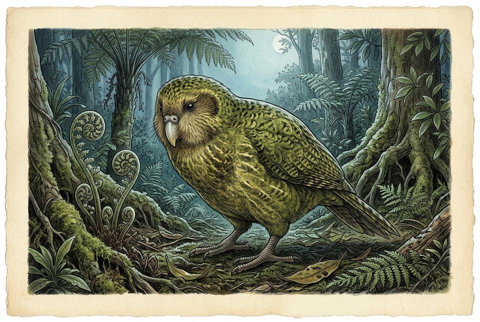 Kakapo (Strigops habroptila) na mahovinastom šumskom tlu Novog Zelanda