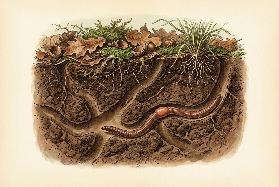 Kišna glista (Lumbricus terrestris) u vlažnom humusnom zemljištu