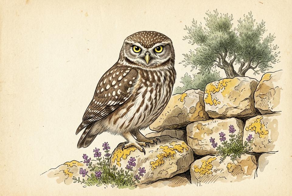 Kukumavka (Athene noctua) sa krupnim žutim očima na kamenom zidu