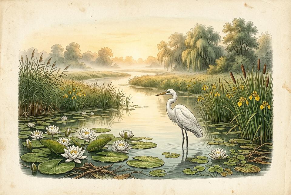 Barsko i močvarno stanište sa trskom, lokvanjima i čapljom