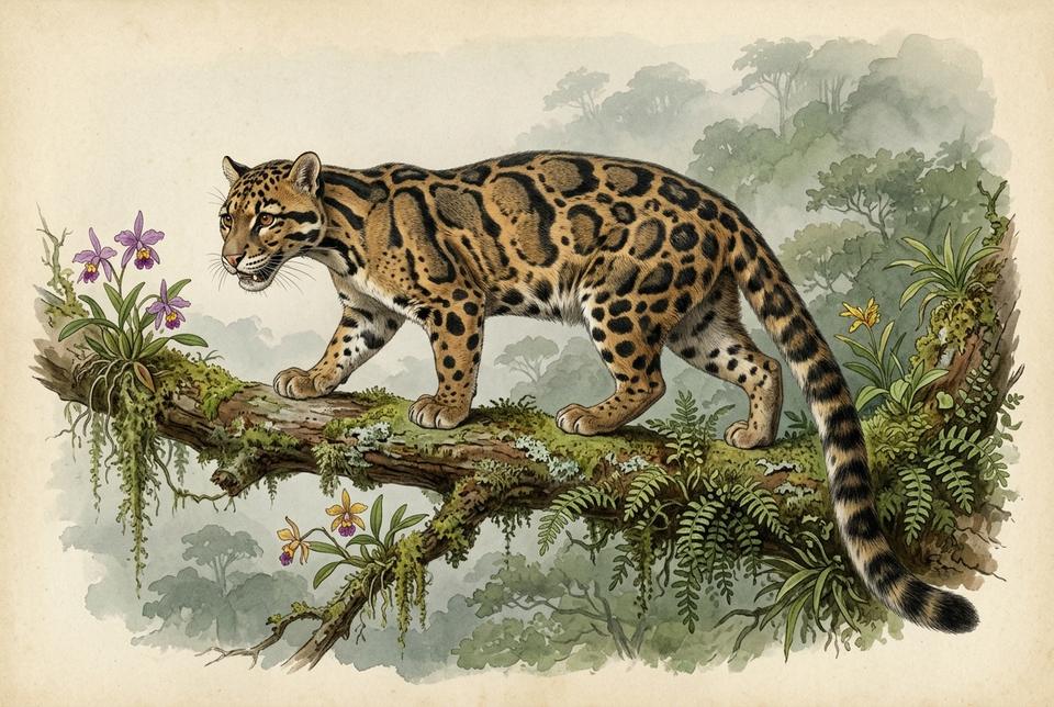 Oblačasti leopard (Neofelis nebulosa) na grani u tropskoj šumi