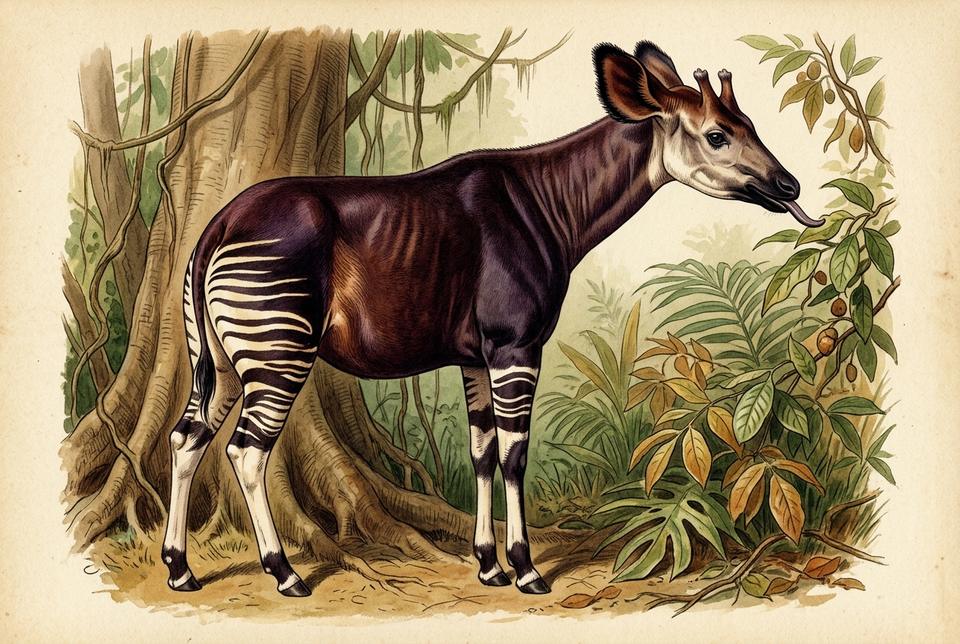 Okapi (Okapia johnstoni) u tropskoj kišnoj šumi