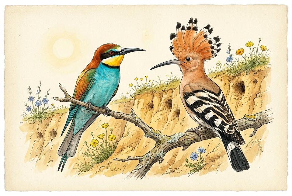 Žuta pčelarica (Merops apiaster) i pupavac (Upupa epops)