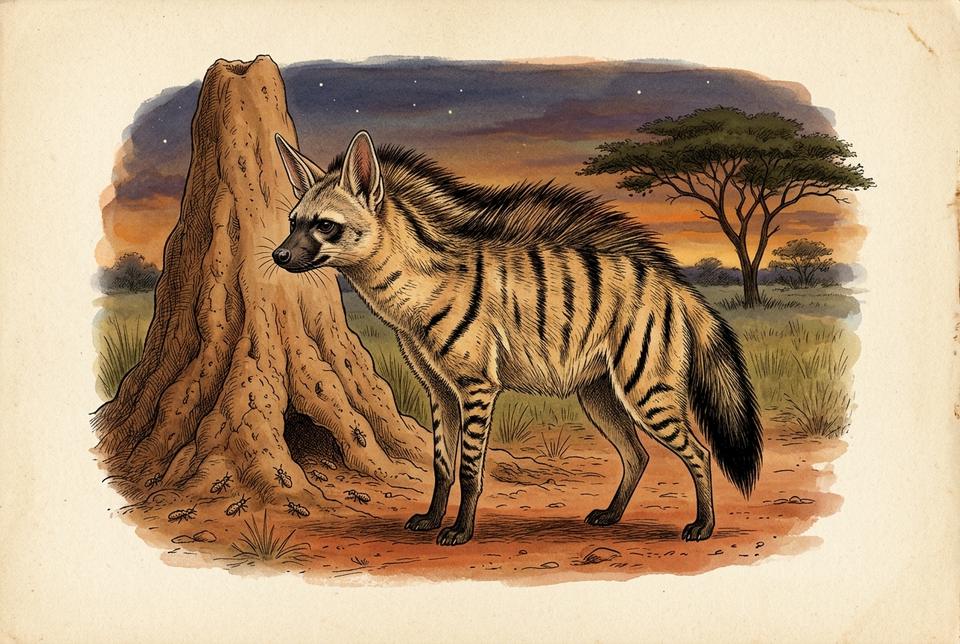 Hijenski vuk (Proteles cristatus) u noćnom lovu na termite
