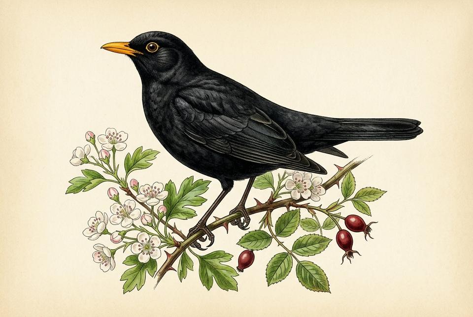Kos (Turdus merula) sa jarko žutim kljunom na grani
