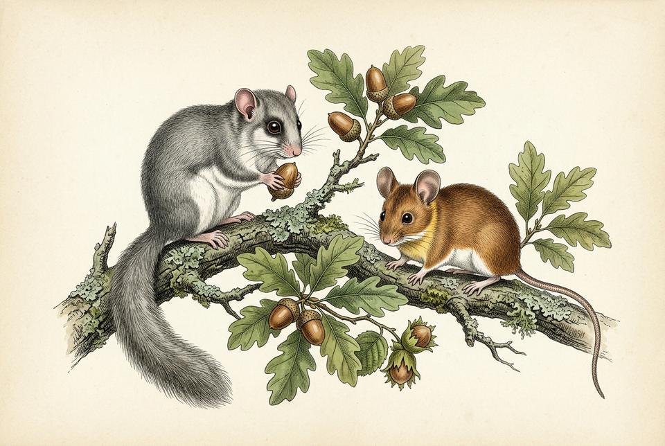 Veliki puh (Glis glis) i šumski miš među žirom i lešnicima