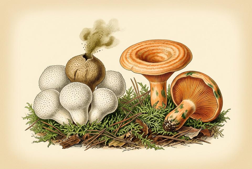 Šumska gljiva puhara (Lycoperdon) i rujnica u mahovini
