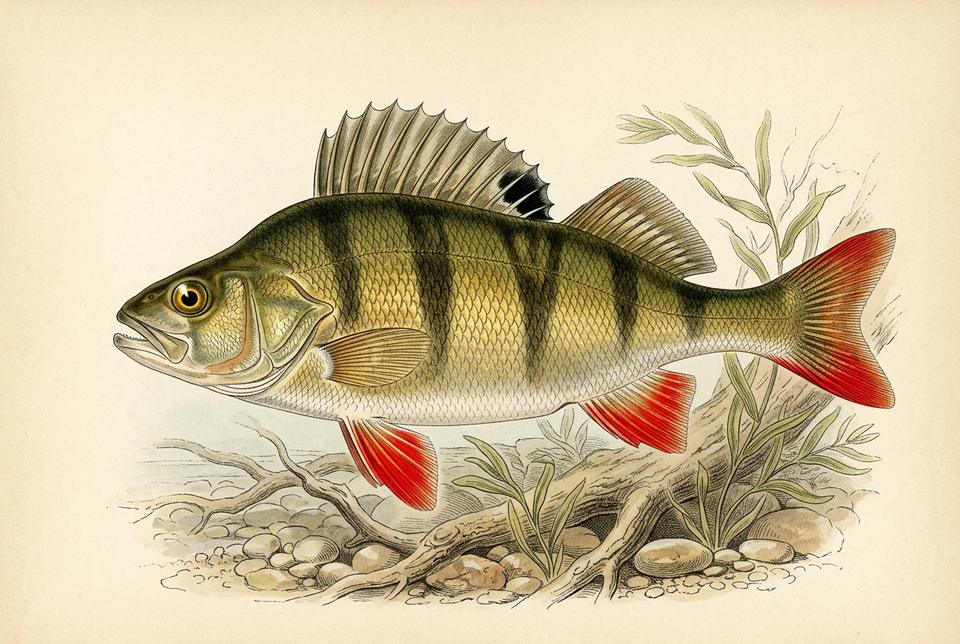 Rečni grgeč — bandar (Perca fluviatilis) sa prugama i narandžastim perajima