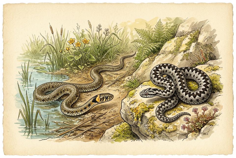 Belouška (Natrix natrix) uz vodeno stanište