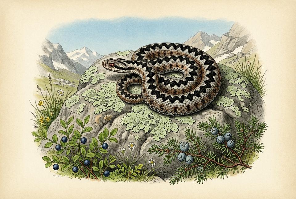 Šarka (Vipera berus) sa karakterističnom cik-cak šarom na planinskom tlu