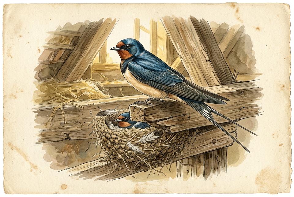 Seoska lasta (Hirundo rustica) u letu i pored gnezda