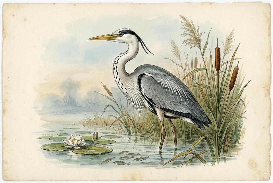 Siva čaplja (Ardea cinerea) u plitkoj vodi sa trskom