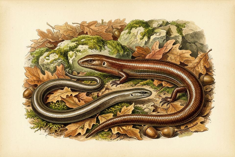 Slepić (Anguis fragilis) i blavor među šumskim lišćem