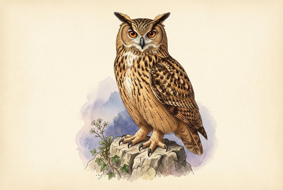 Velika ušara — buljina (Bubo bubo) na krečnjačkoj litici u sumrak