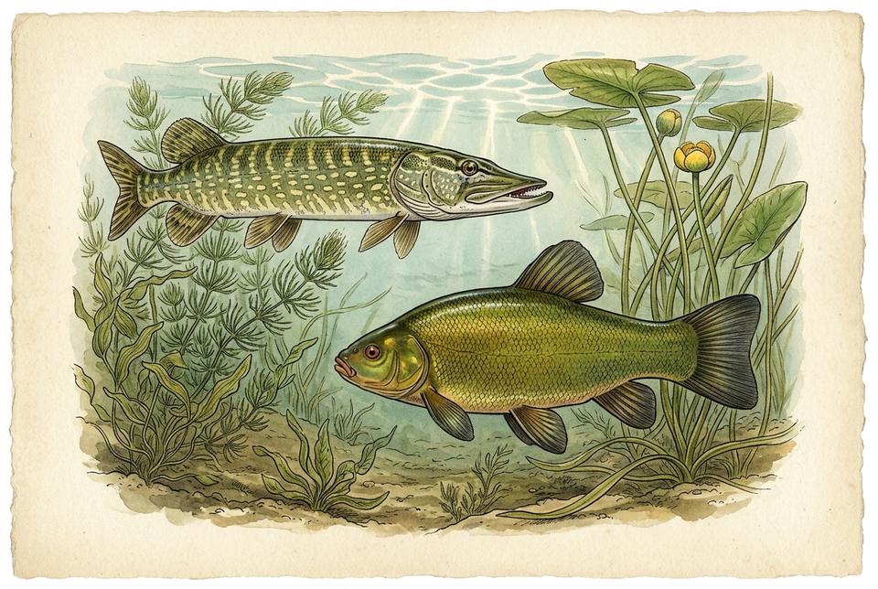 Rečna štuka (Esox lucius) među vodenim biljem