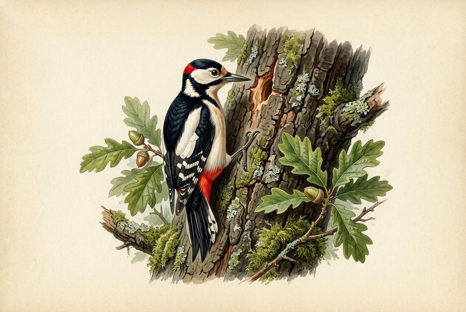 Veliki detlić (Dendrocopos major) na kori hrasta