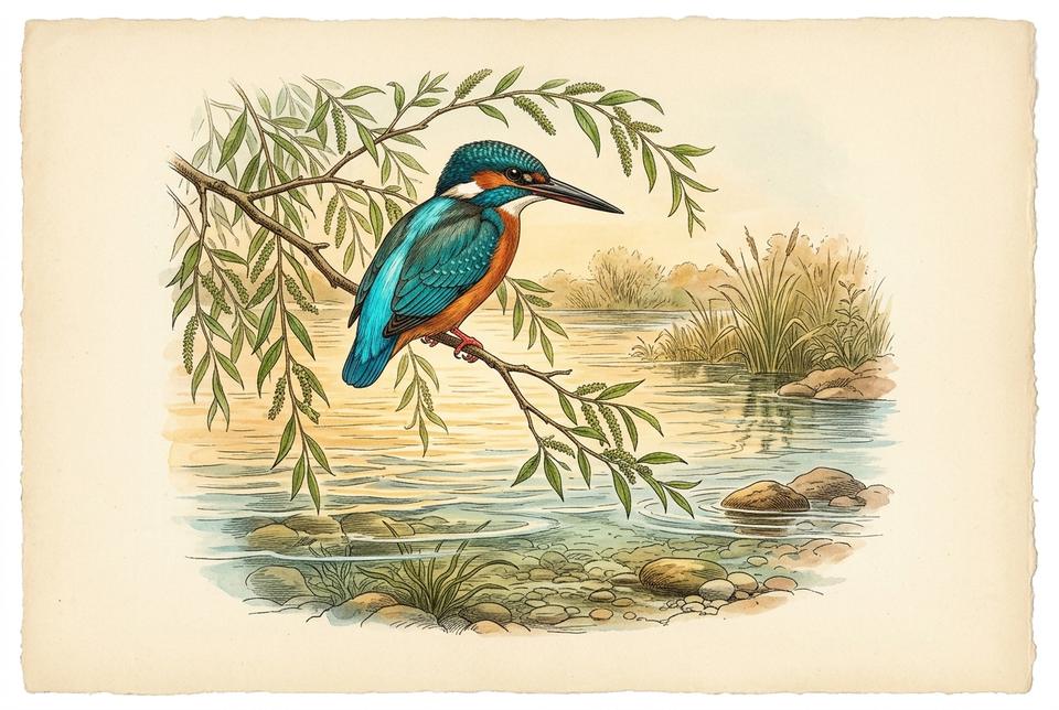 Vodomar (Alcedo atthis) na grani iznad bistre reke