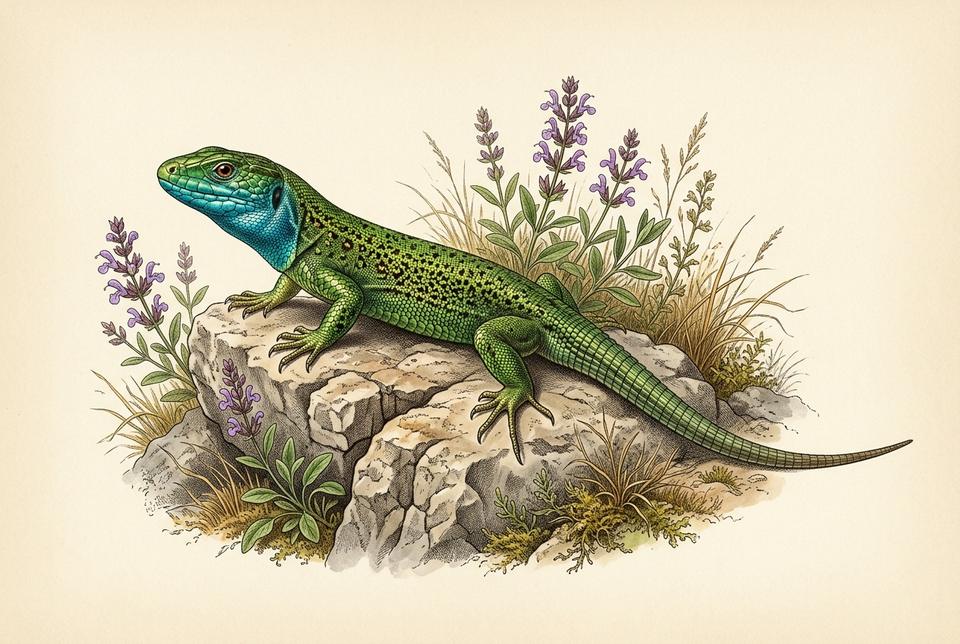 Zelembać (Lacerta viridis) smaragdnozelene boje na osunčanom kamenu