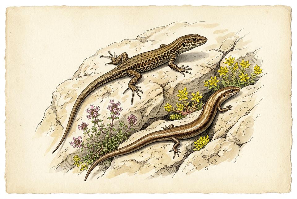 Zidni gušter (Podarcis muralis) i kratkonogi gušter na steni