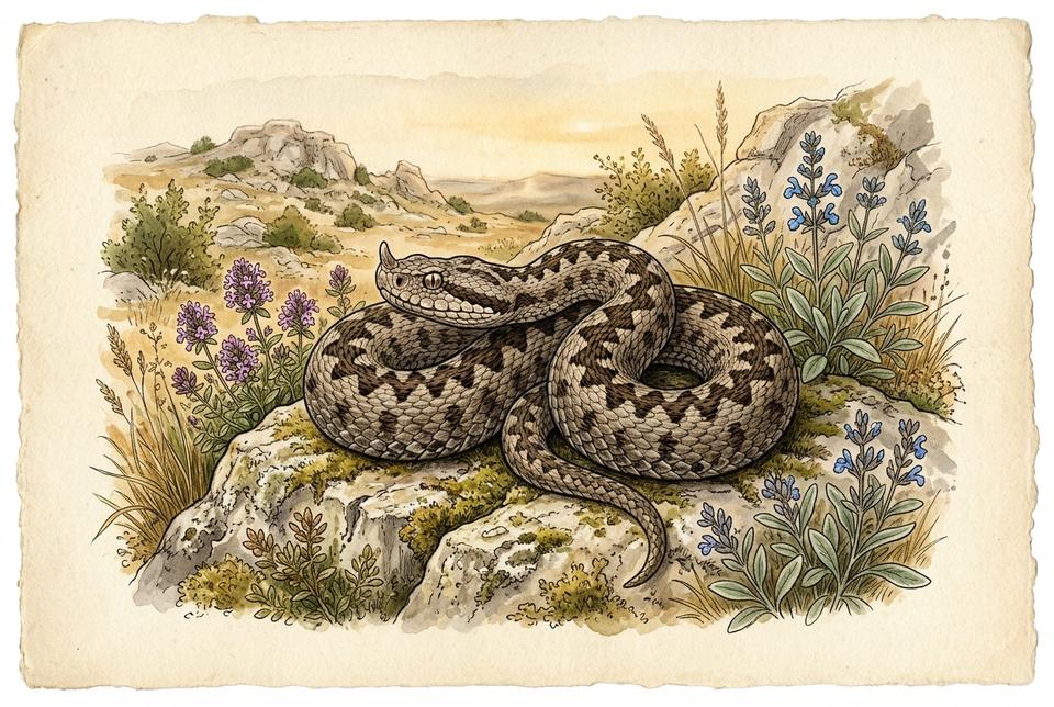 Poskok (Vipera ammodytes) na osunčanom krečnjačkom kamenu
