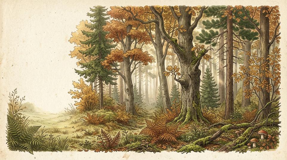 Prirodnjačka ilustracija slojeva evropske mešovite šume u ranoj jeseni sa proplankom i jutarnjim svetlom